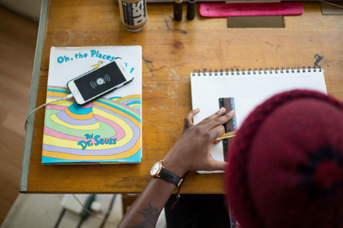 Classroom desk with phone