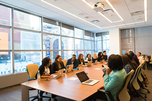 Full meeting room table in an office